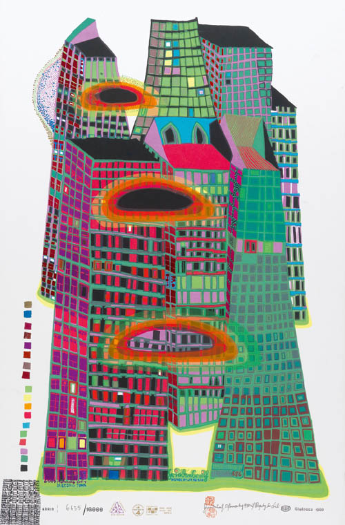 Hundertwasser - Good Morning City - Bleeding Town - series II - 1969 color screenprint